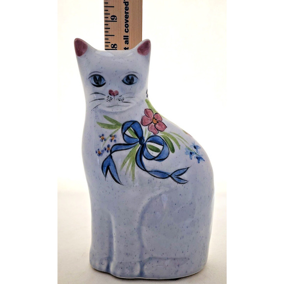 CERAMIC SITTING CAT-N.S. GUSTIN CO.-White-Floral-Shelf Decor-Hand Decorated - Picture 10 of 12